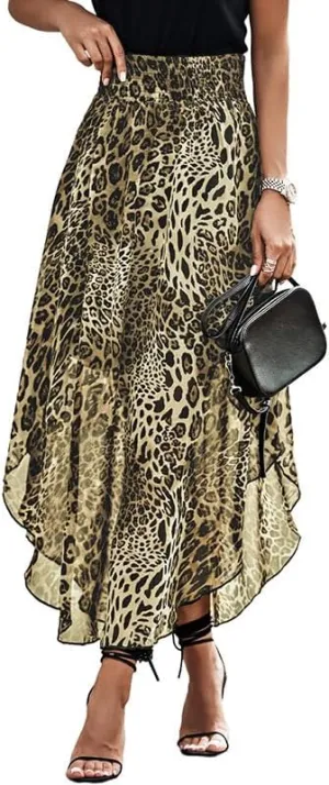 Women's Leopard Print Skirt High Waisted Midi Skirts Pleated Cheetah Skirts Charming Long Flowy Dress