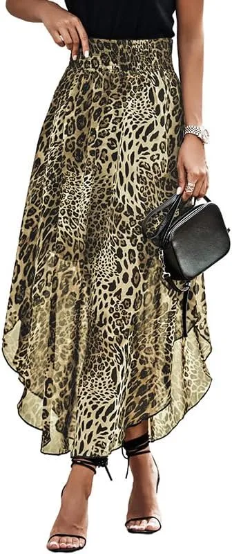 Women's Leopard Print Skirt High Waisted Midi Skirts Pleated Cheetah Skirts Charming Long Flowy Dress