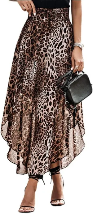 Women's Leopard Print Skirt High Waisted Midi Skirts Pleated Cheetah Skirts Charming Long Flowy Dress