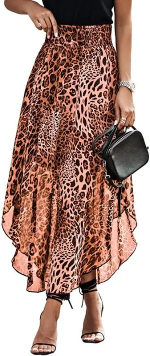 Women's Leopard Print Skirt High Waisted Midi Skirts Pleated Cheetah Skirts Charming Long Flowy Dress