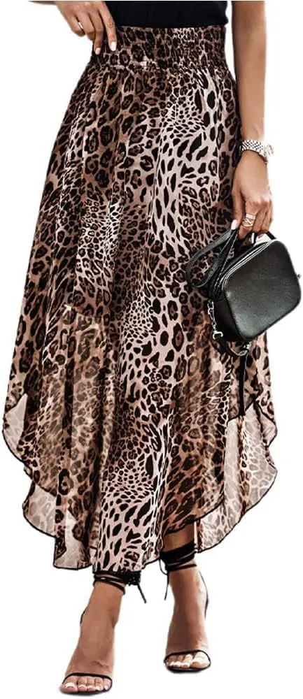 Women's Leopard Print Skirt High Waisted Midi Skirts Pleated Cheetah Skirts Charming Long Flowy Dress