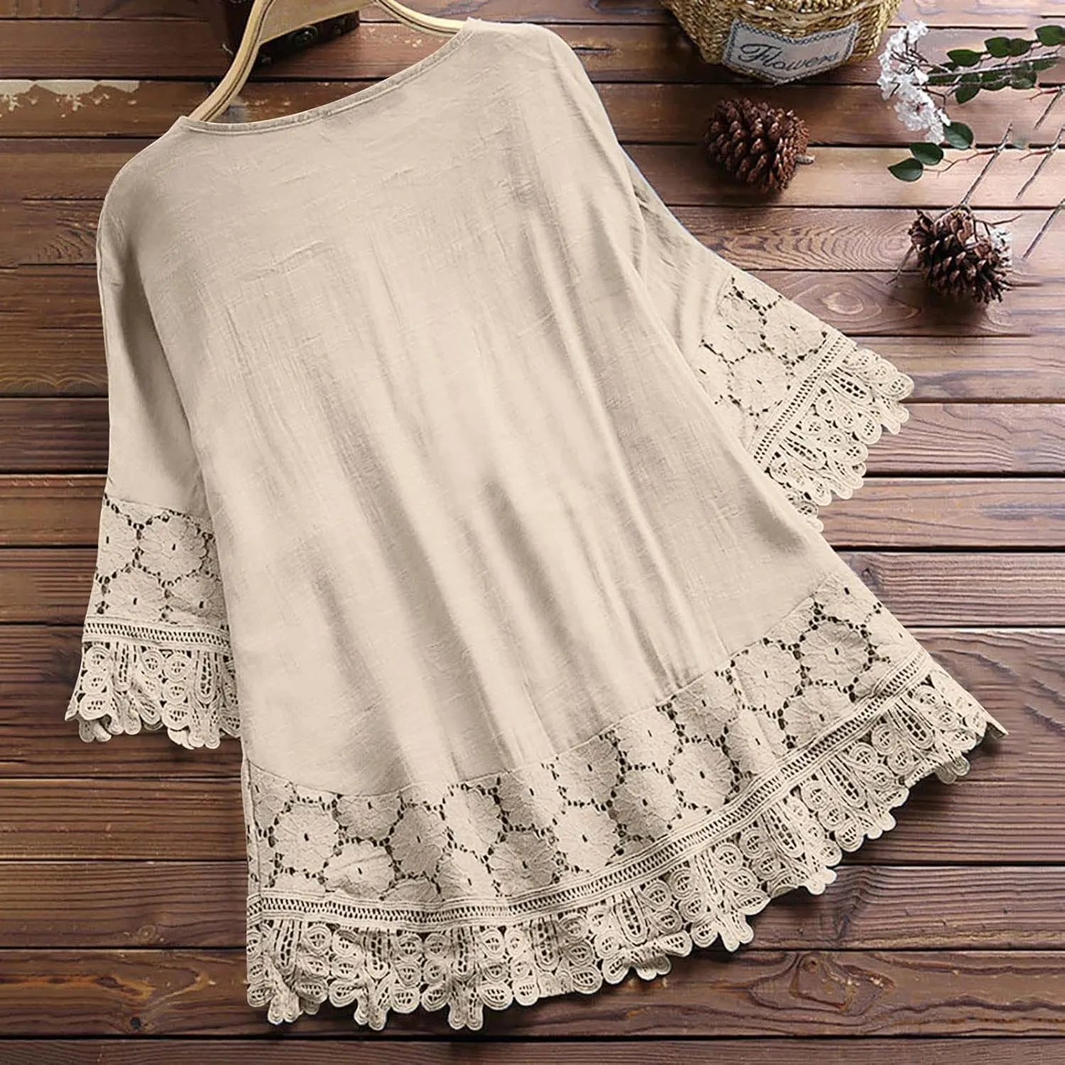 Women's Linen Loose Fit Tshirt Tops Vintage Lace Tie V-Neck Embroidered Tunics Comfy Relaxed Ladies 3/4 Sleeve Blouse