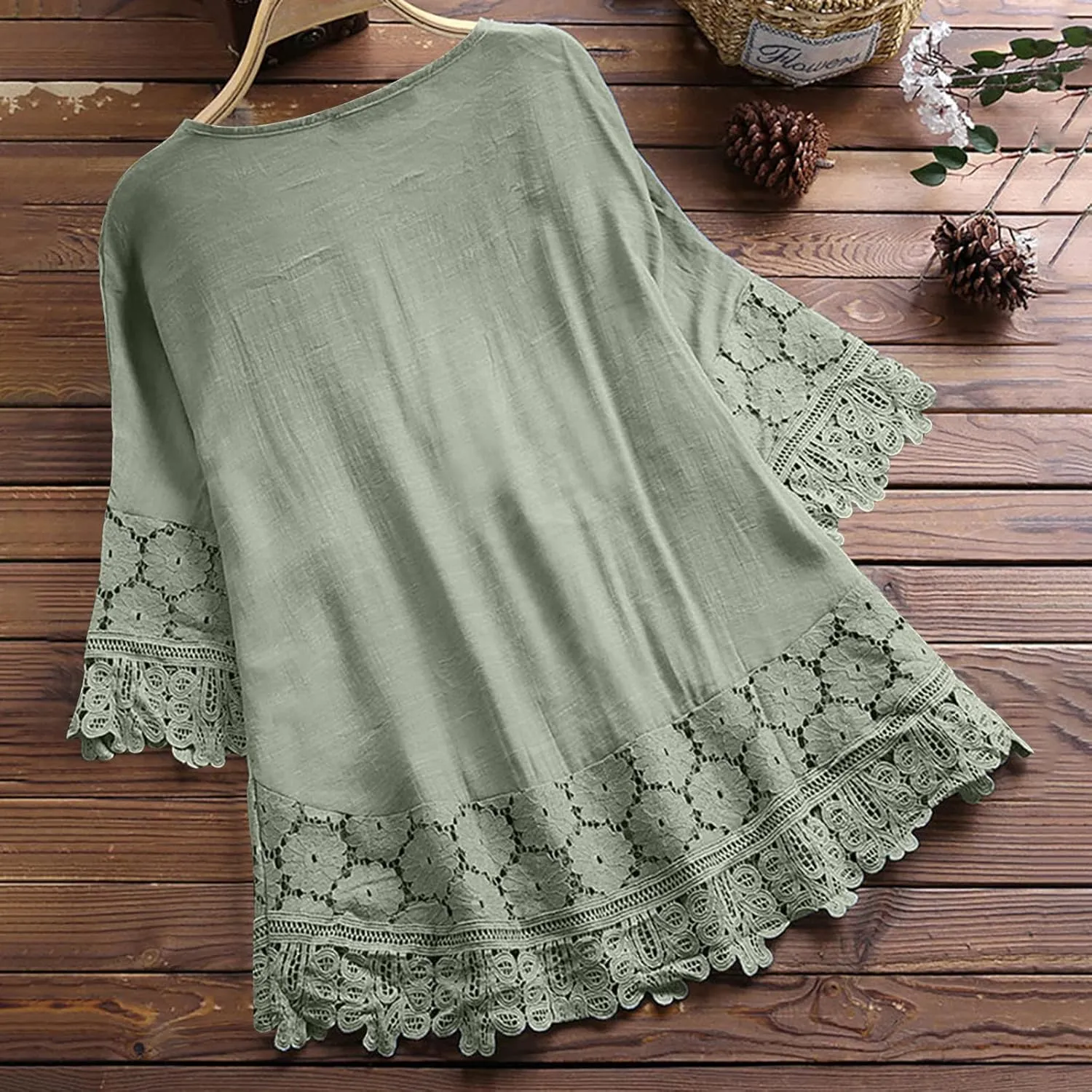 Women's Linen Loose Fit Tshirt Tops Vintage Lace Tie V-Neck Embroidered Tunics Comfy Relaxed Ladies 3/4 Sleeve Blouse