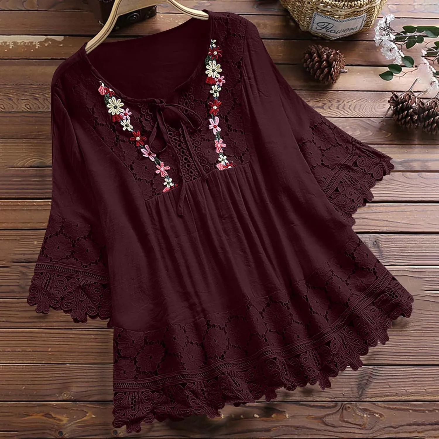 Women's Linen Loose Fit Tshirt Tops Vintage Lace Tie V-Neck Embroidered Tunics Comfy Relaxed Ladies 3/4 Sleeve Blouse