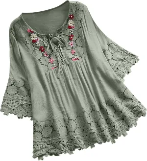 Women's Linen Loose Fit Tshirt Tops Vintage Lace Tie V-Neck Embroidered Tunics Comfy Relaxed Ladies 3/4 Sleeve Blouse