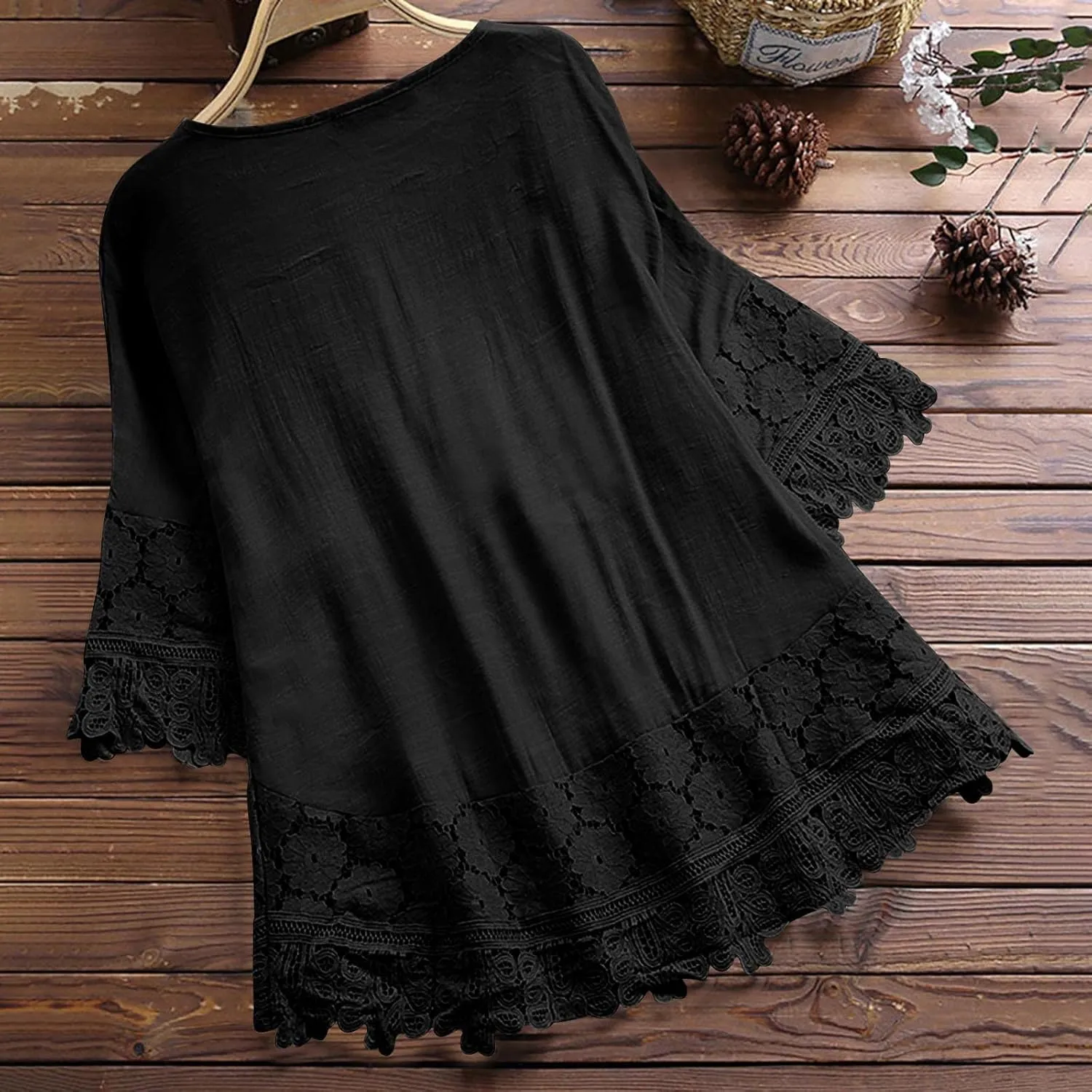 Women's Linen Loose Fit Tshirt Tops Vintage Lace Tie V-Neck Embroidered Tunics Comfy Relaxed Ladies 3/4 Sleeve Blouse