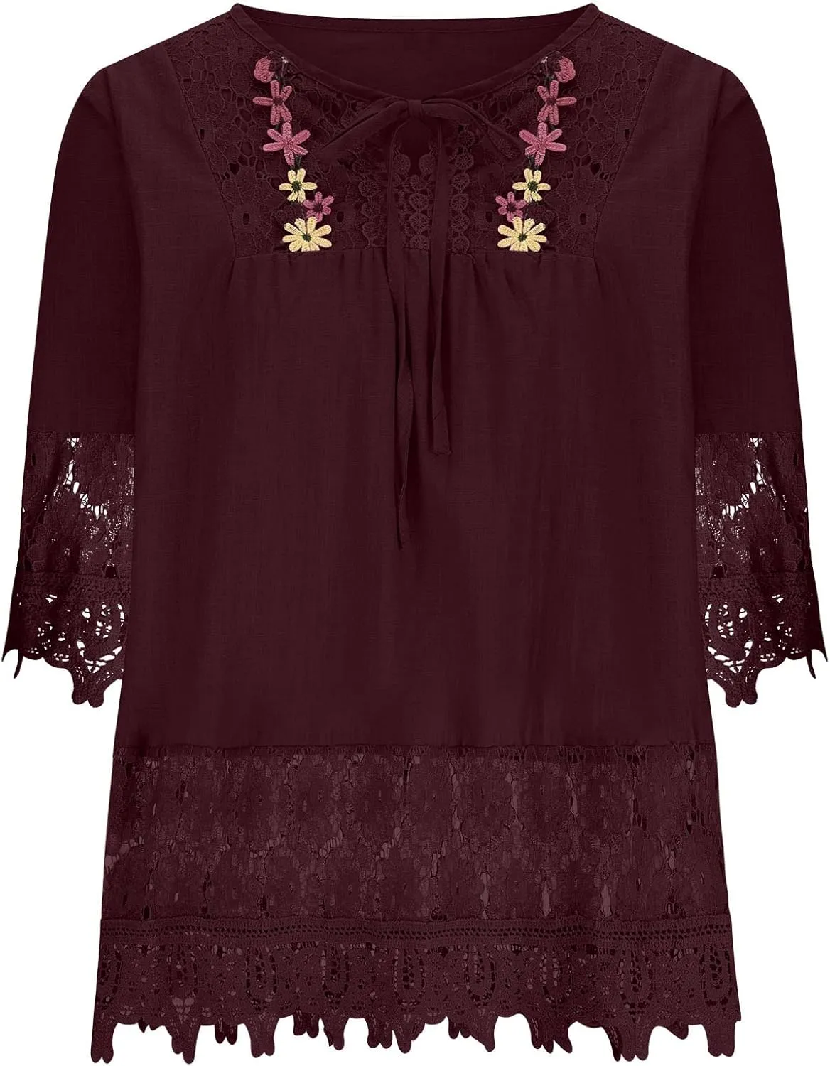 Women's Linen Loose Fit Tshirt Tops Vintage Lace Tie V-Neck Embroidered Tunics Comfy Relaxed Ladies 3/4 Sleeve Blouse