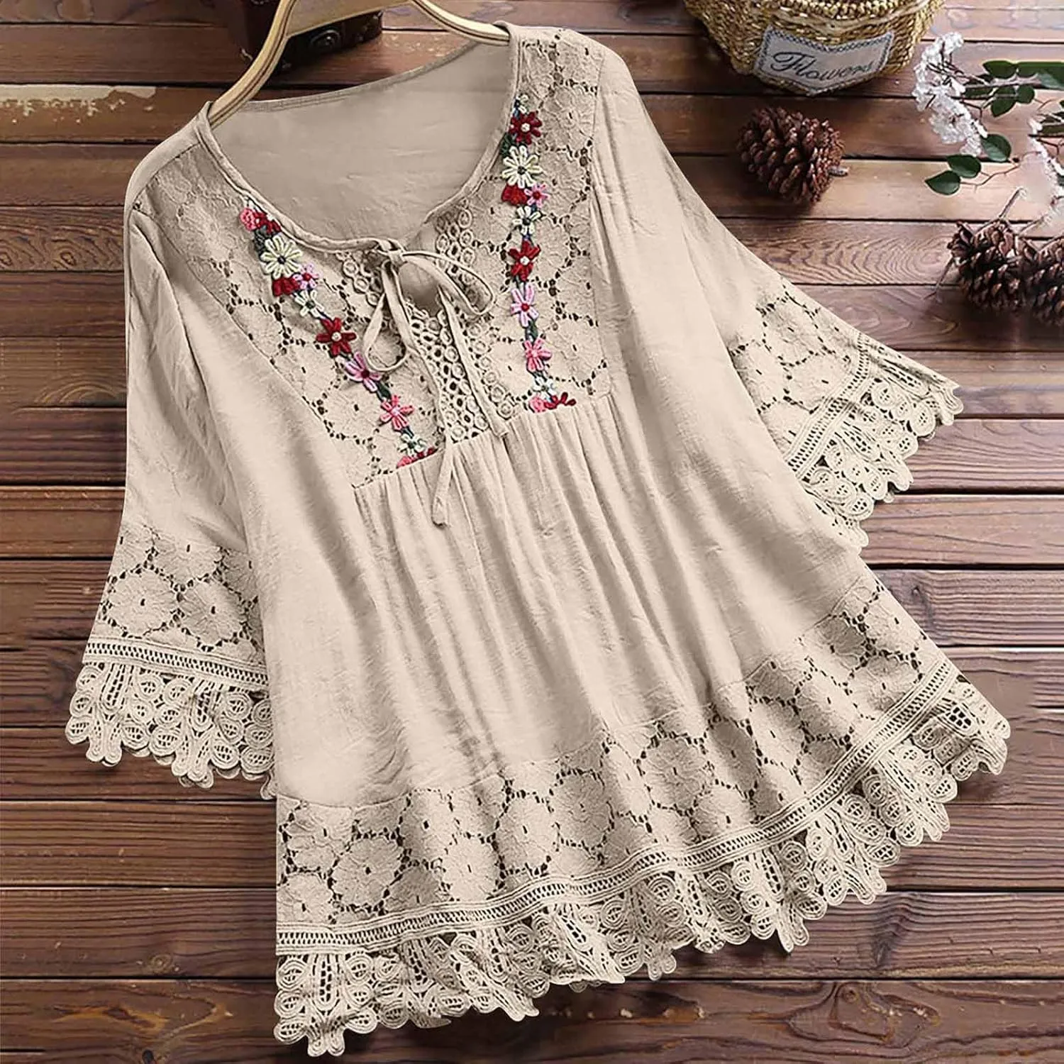 Women's Linen Loose Fit Tshirt Tops Vintage Lace Tie V-Neck Embroidered Tunics Comfy Relaxed Ladies 3/4 Sleeve Blouse
