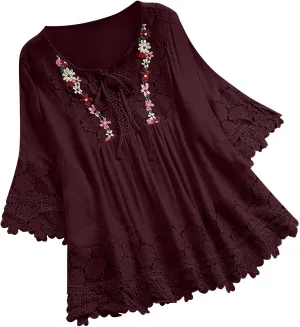Women's Linen Loose Fit Tshirt Tops Vintage Lace Tie V-Neck Embroidered Tunics Comfy Relaxed Ladies 3/4 Sleeve Blouse