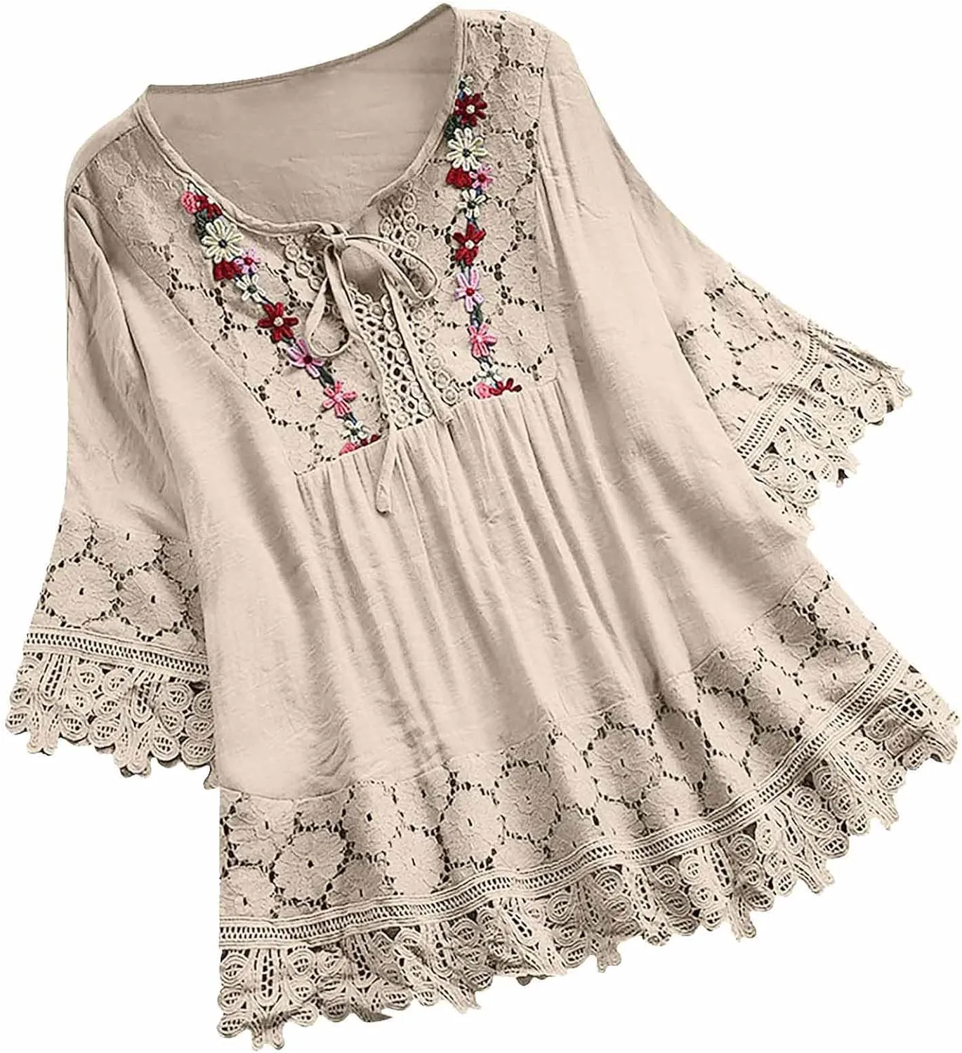 Women's Linen Loose Fit Tshirt Tops Vintage Lace Tie V-Neck Embroidered Tunics Comfy Relaxed Ladies 3/4 Sleeve Blouse
