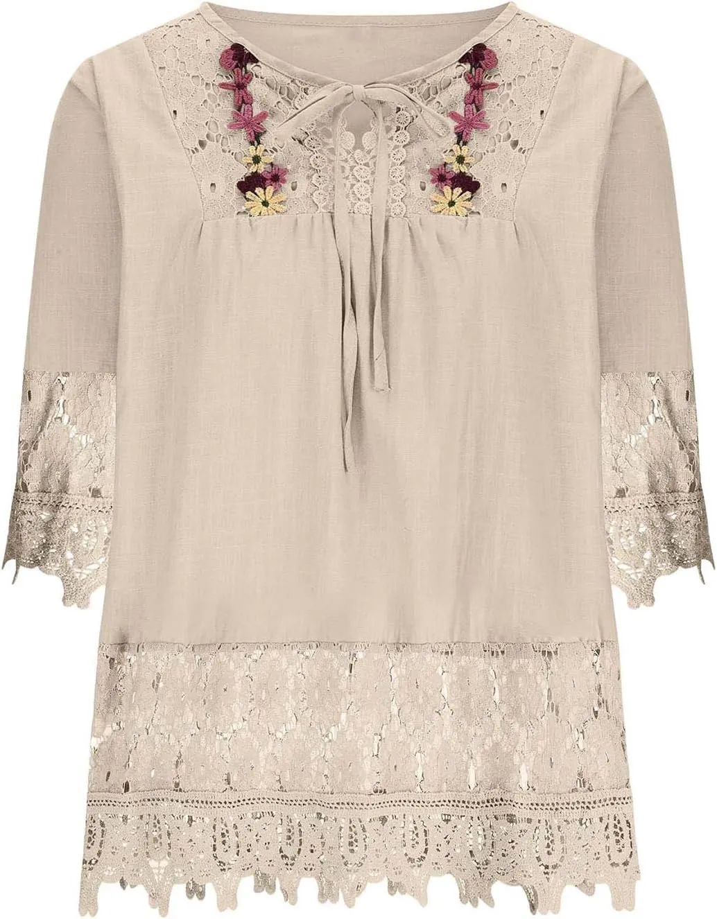Women's Linen Loose Fit Tshirt Tops Vintage Lace Tie V-Neck Embroidered Tunics Comfy Relaxed Ladies 3/4 Sleeve Blouse