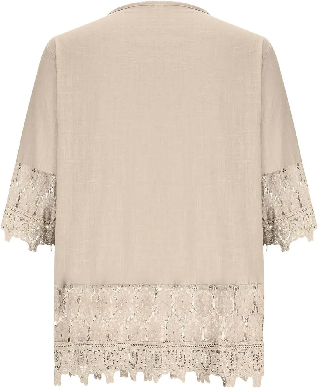 Women's Linen Loose Fit Tshirt Tops Vintage Lace Tie V-Neck Embroidered Tunics Comfy Relaxed Ladies 3/4 Sleeve Blouse