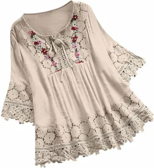 Women's Linen Loose Fit Tshirt Tops Vintage Lace Tie V-Neck Embroidered Tunics Comfy Relaxed Ladies 3/4 Sleeve Blouse