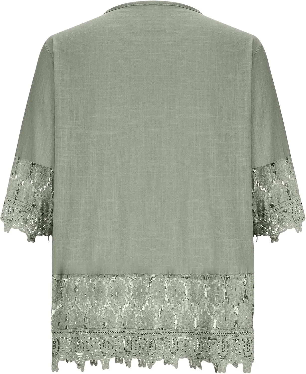 Women's Linen Loose Fit Tshirt Tops Vintage Lace Tie V-Neck Embroidered Tunics Comfy Relaxed Ladies 3/4 Sleeve Blouse