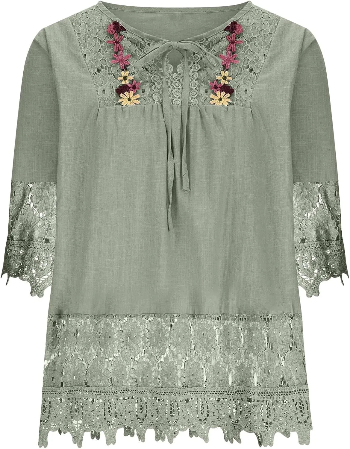 Women's Linen Loose Fit Tshirt Tops Vintage Lace Tie V-Neck Embroidered Tunics Comfy Relaxed Ladies 3/4 Sleeve Blouse
