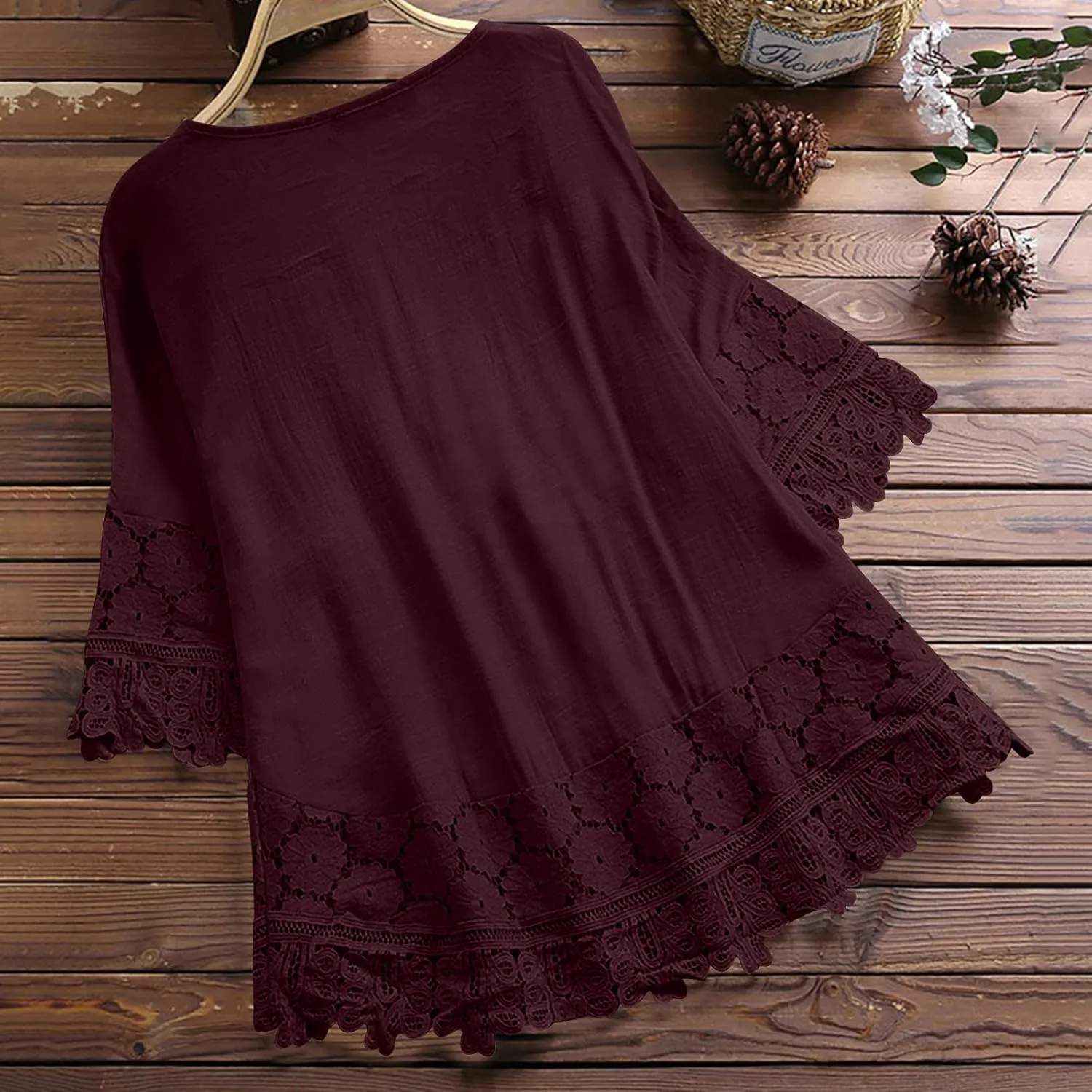 Women's Linen Loose Fit Tshirt Tops Vintage Lace Tie V-Neck Embroidered Tunics Comfy Relaxed Ladies 3/4 Sleeve Blouse