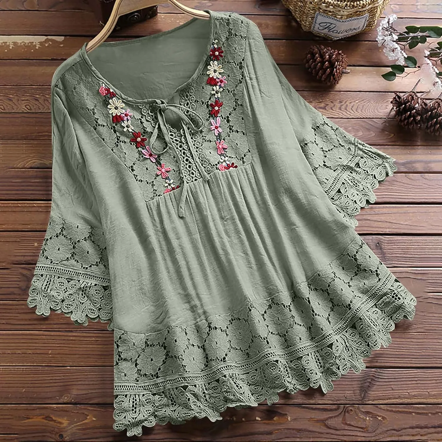 Women's Linen Loose Fit Tshirt Tops Vintage Lace Tie V-Neck Embroidered Tunics Comfy Relaxed Ladies 3/4 Sleeve Blouse