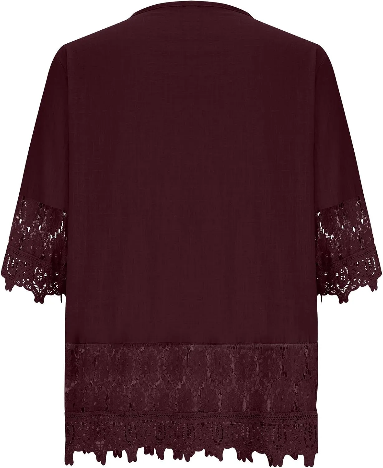 Women's Linen Loose Fit Tshirt Tops Vintage Lace Tie V-Neck Embroidered Tunics Comfy Relaxed Ladies 3/4 Sleeve Blouse