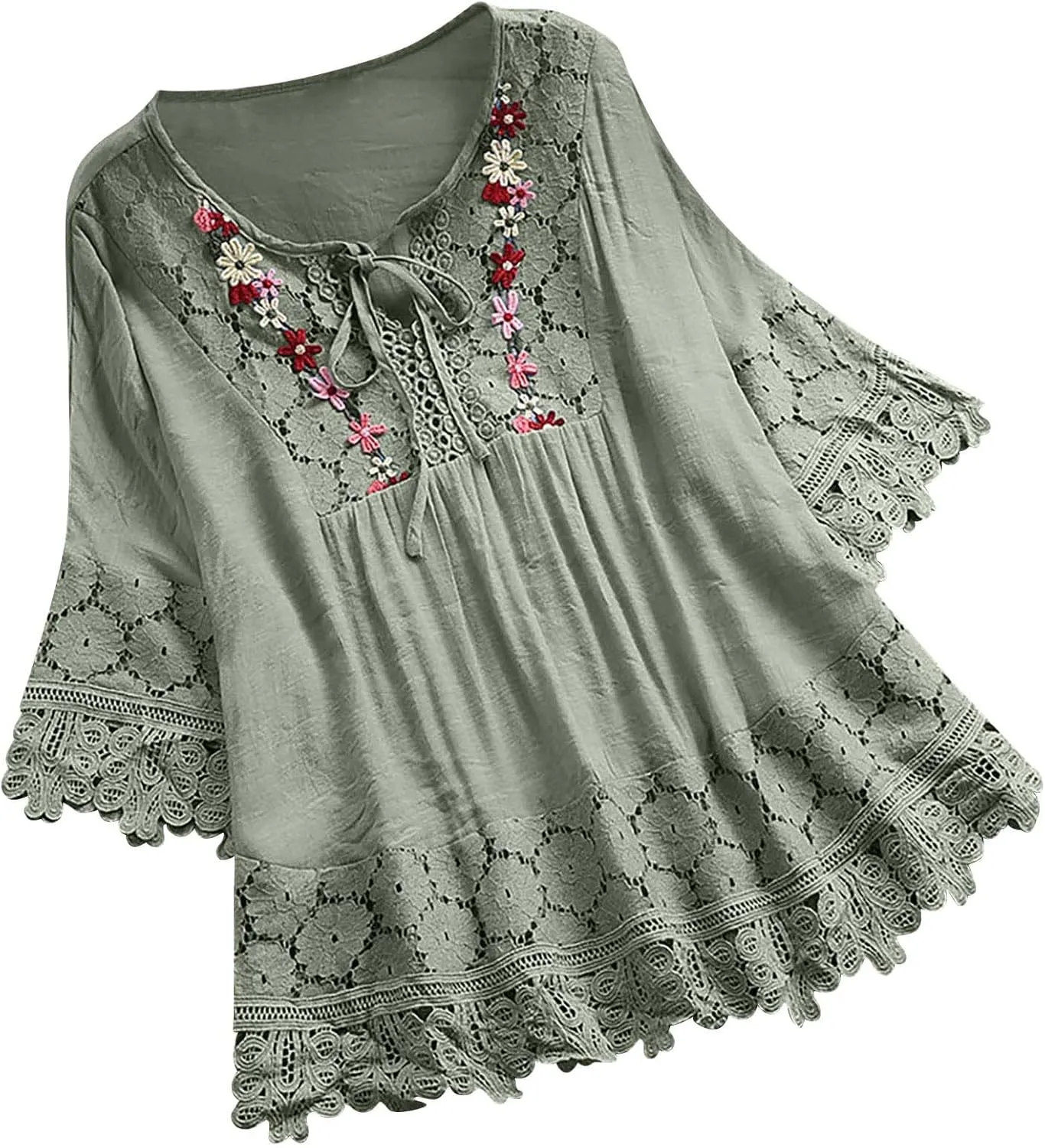 Women's Linen Loose Fit Tshirt Tops Vintage Lace Tie V-Neck Embroidered Tunics Comfy Relaxed Ladies 3/4 Sleeve Blouse