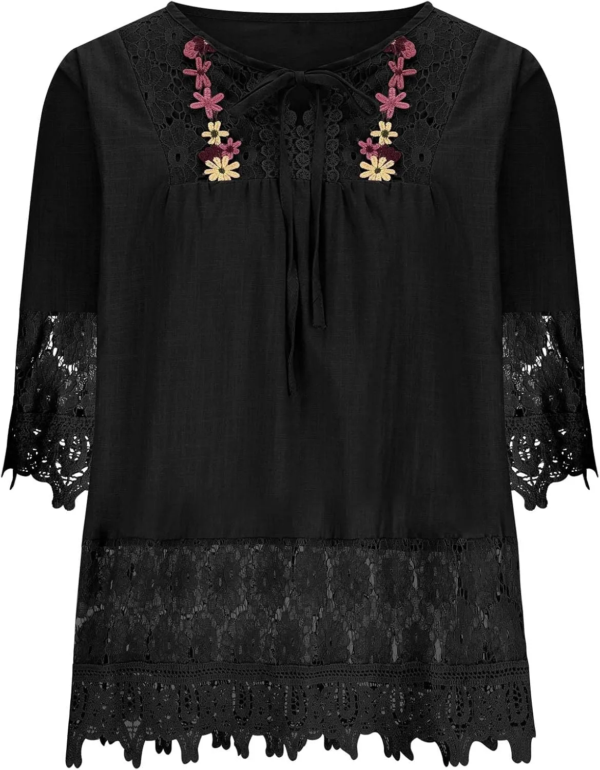 Women's Linen Loose Fit Tshirt Tops Vintage Lace Tie V-Neck Embroidered Tunics Comfy Relaxed Ladies 3/4 Sleeve Blouse
