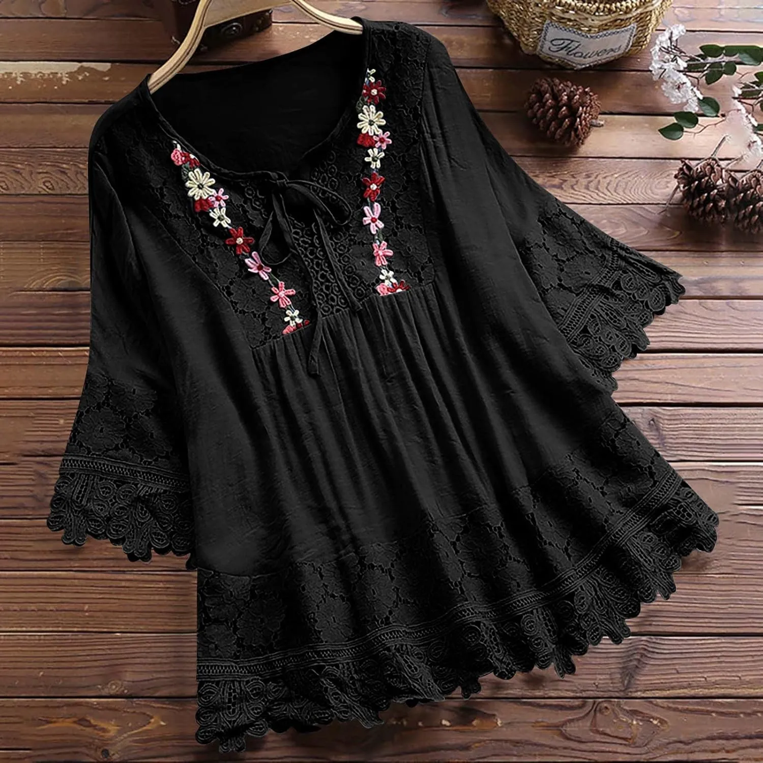 Women's Linen Loose Fit Tshirt Tops Vintage Lace Tie V-Neck Embroidered Tunics Comfy Relaxed Ladies 3/4 Sleeve Blouse