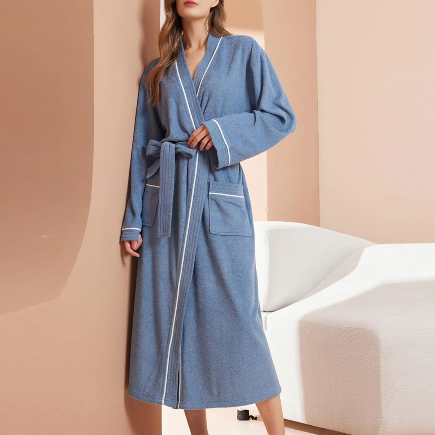 Womens Long Belted Bathrobes, Cross Wrap Long Sleeve Cardigan Nightgown with Pockets, Midweight Kimono Robe Sleepwear