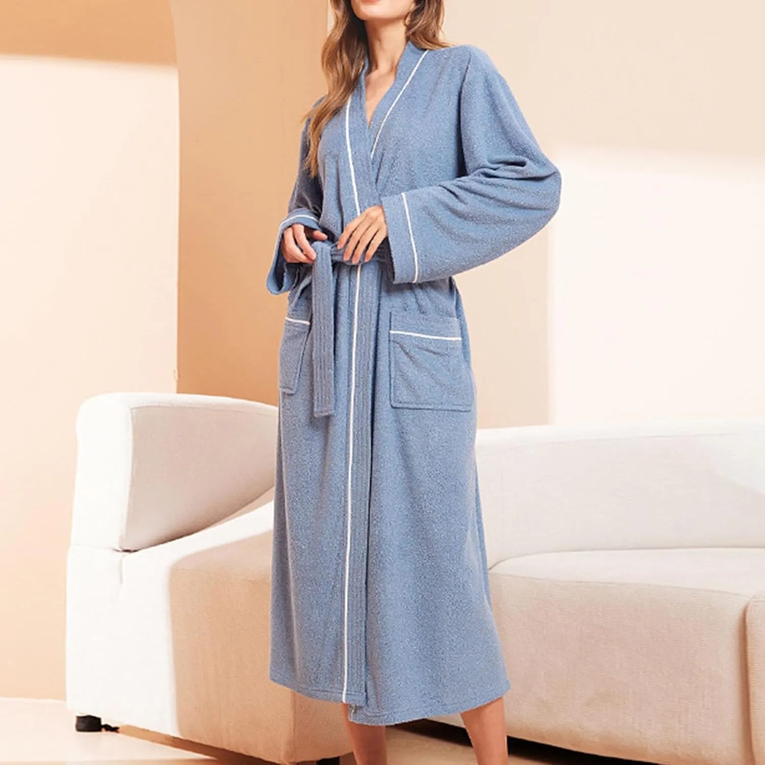 Womens Long Belted Bathrobes, Cross Wrap Long Sleeve Cardigan Nightgown with Pockets, Midweight Kimono Robe Sleepwear