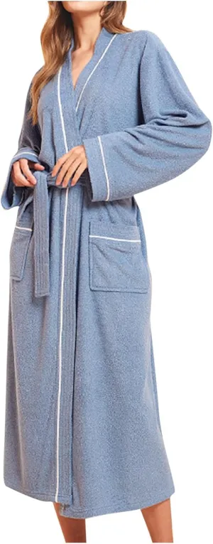 Womens Long Belted Bathrobes, Cross Wrap Long Sleeve Cardigan Nightgown with Pockets, Midweight Kimono Robe Sleepwear