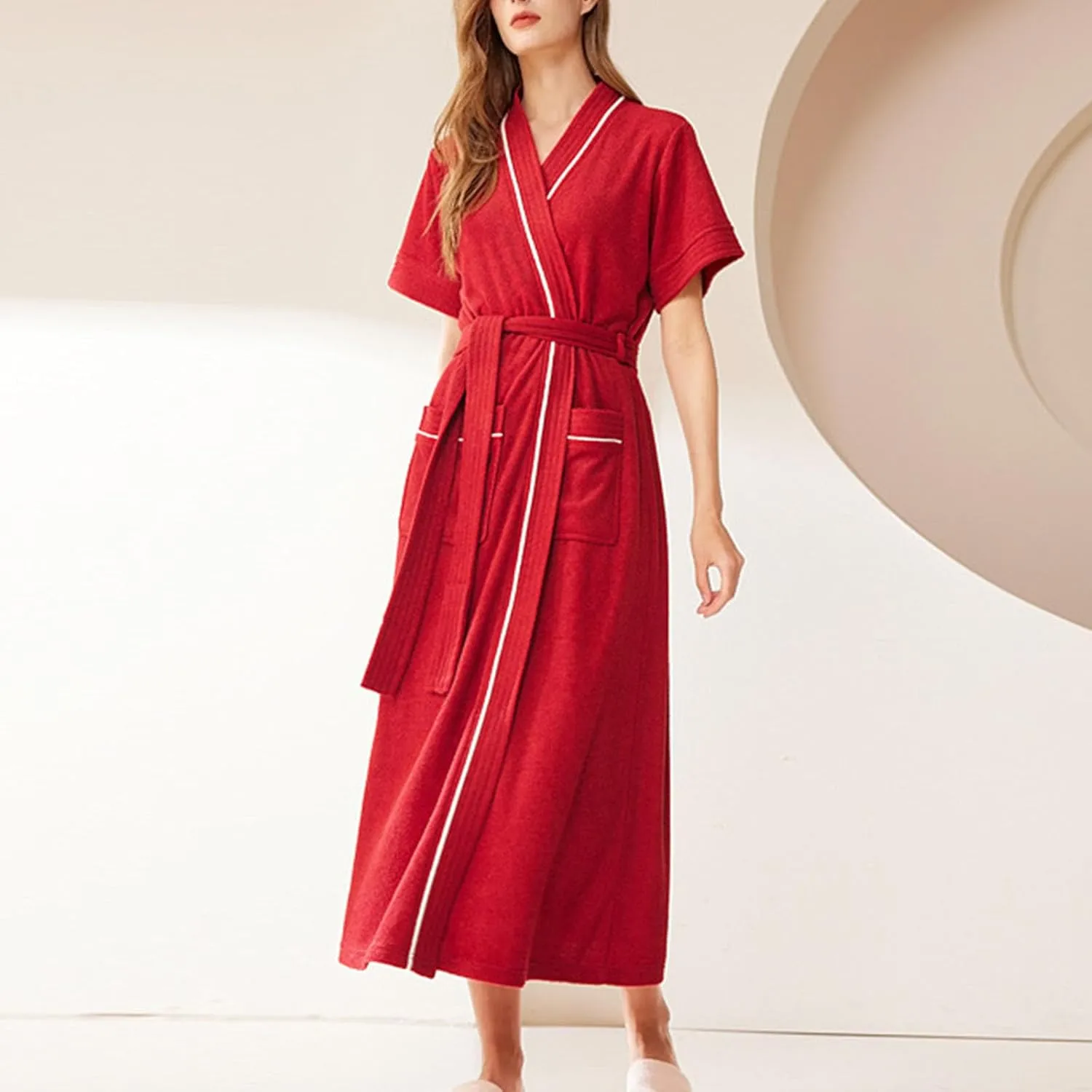 Women's Long Velvet Robe Soft Cozy Short Sleeve Shower Spa House Bathrobe Loose Fit Sleepwear Nightgown with Pockets