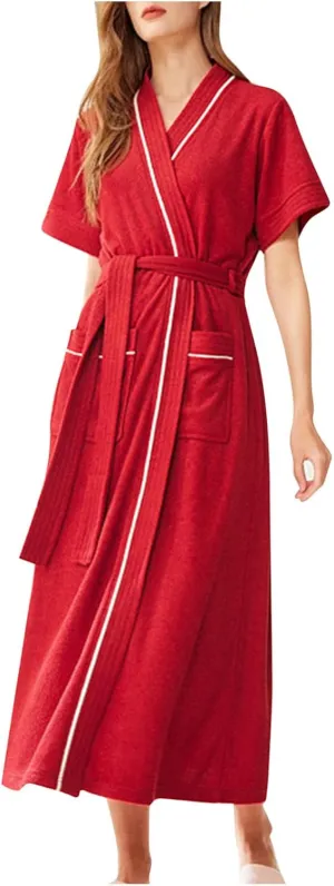 Women's Long Velvet Robe Soft Cozy Short Sleeve Shower Spa House Bathrobe Loose Fit Sleepwear Nightgown with Pockets