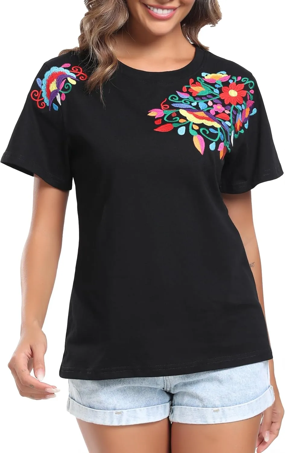 Women's Mexican Shirts Embroidered Tops Floral Tunic Summer T Shirt Short Sleeve Top Cotton Peasant Blouse