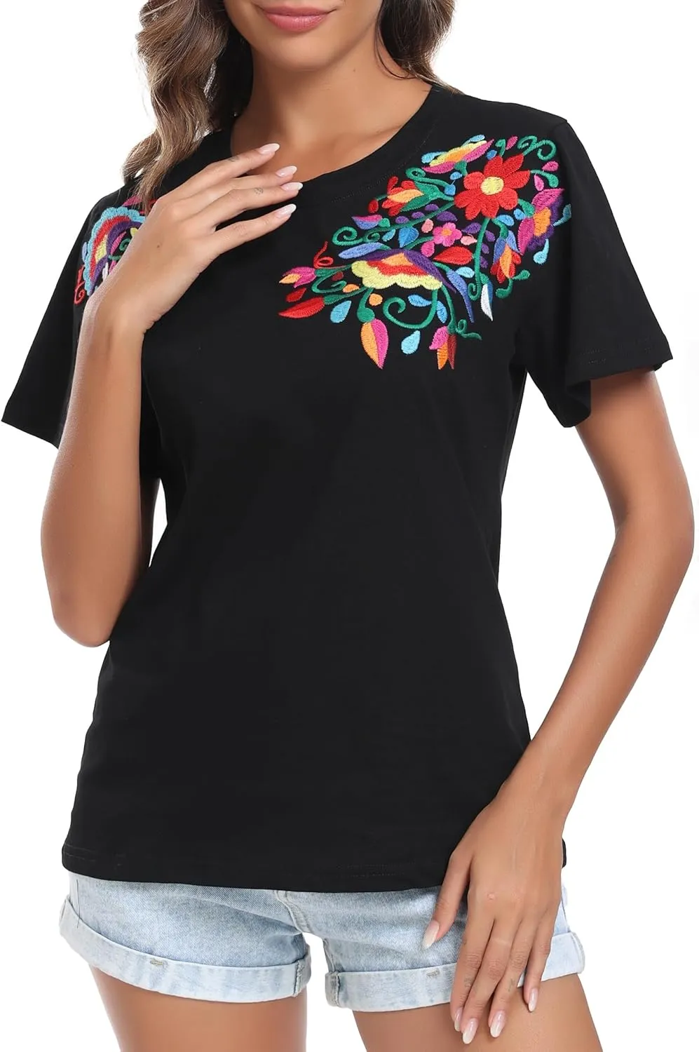 Women's Mexican Shirts Embroidered Tops Floral Tunic Summer T Shirt Short Sleeve Top Cotton Peasant Blouse