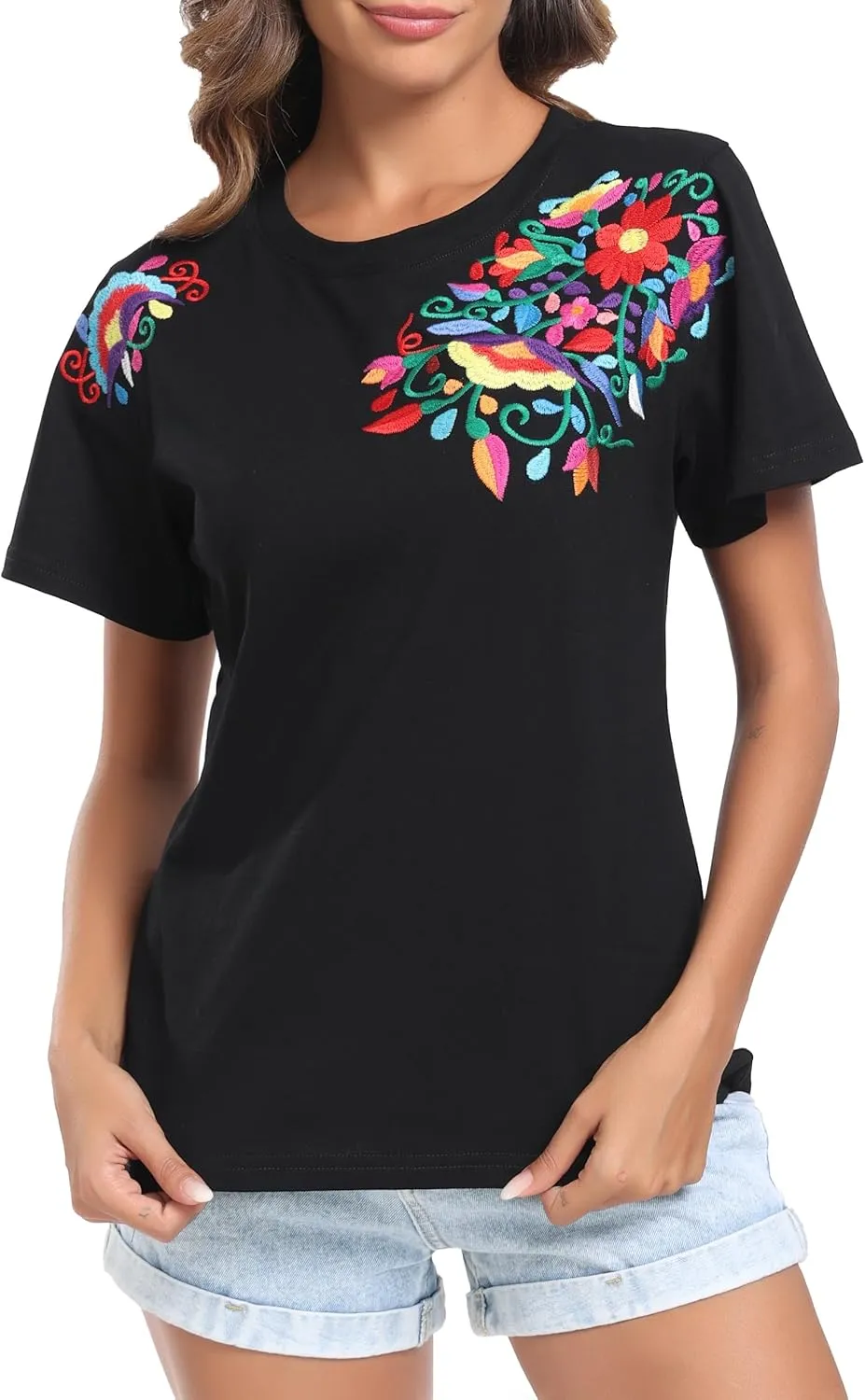 Women's Mexican Shirts Embroidered Tops Floral Tunic Summer T Shirt Short Sleeve Top Cotton Peasant Blouse