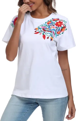 Women's Mexican Shirts Embroidered Tops Floral Tunic Summer T Shirt Short Sleeve Top Cotton Peasant Blouse