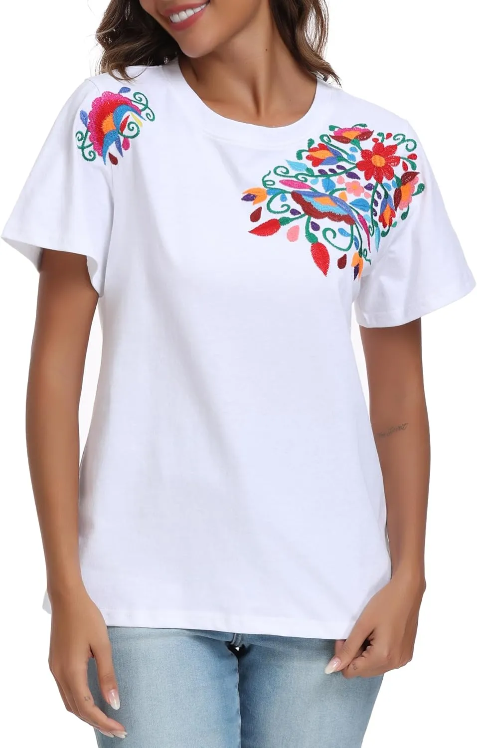 Women's Mexican Shirts Embroidered Tops Floral Tunic Summer T Shirt Short Sleeve Top Cotton Peasant Blouse
