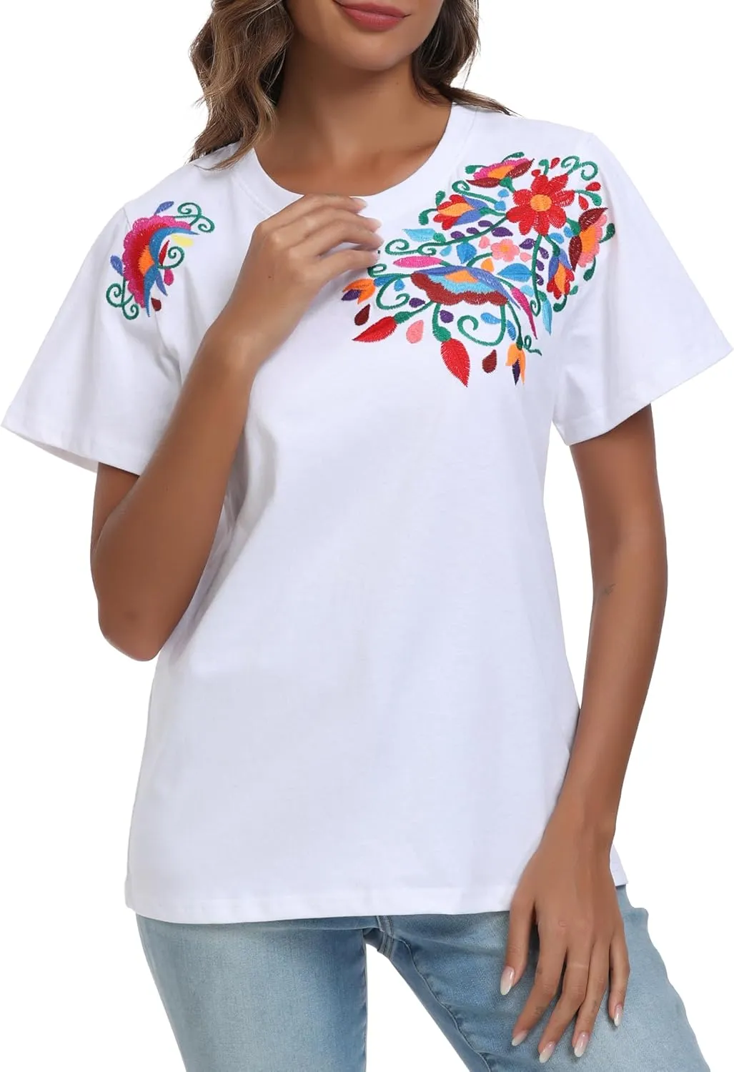 Women's Mexican Shirts Embroidered Tops Floral Tunic Summer T Shirt Short Sleeve Top Cotton Peasant Blouse