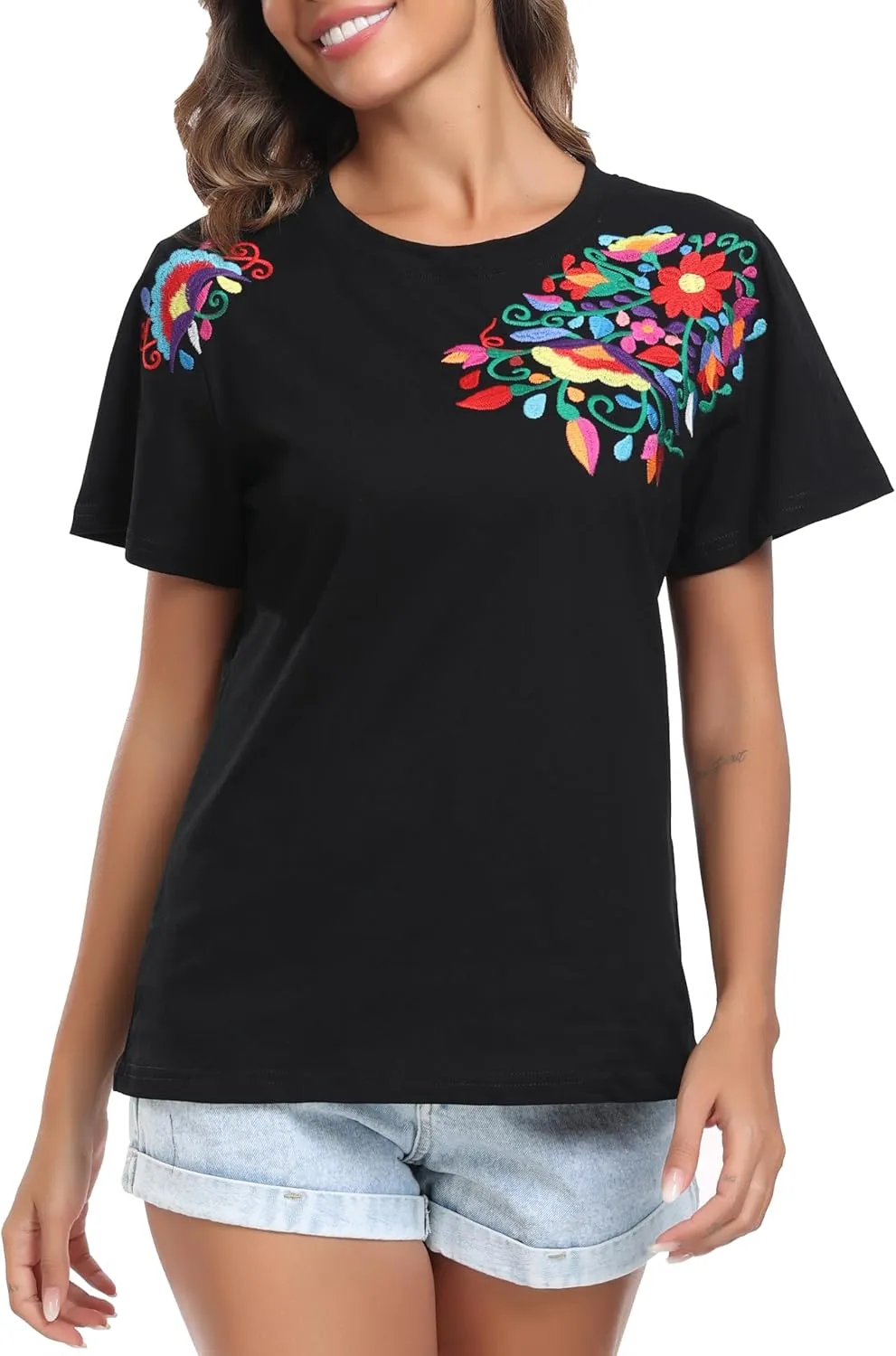 Women's Mexican Shirts Embroidered Tops Floral Tunic Summer T Shirt Short Sleeve Top Cotton Peasant Blouse