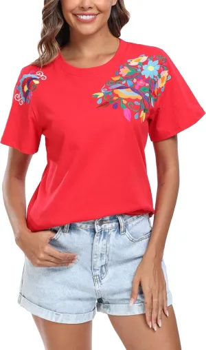 Women's Mexican Shirts Embroidered Tops Floral Tunic Summer T Shirt Short Sleeve Top Cotton Peasant Blouse