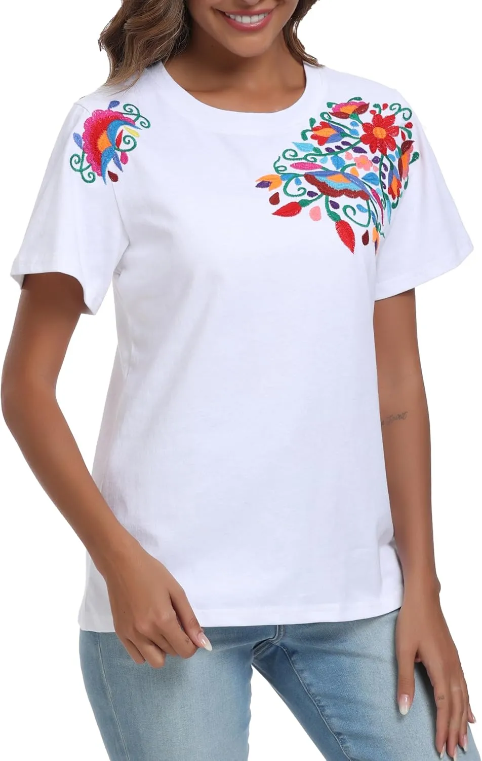 Women's Mexican Shirts Embroidered Tops Floral Tunic Summer T Shirt Short Sleeve Top Cotton Peasant Blouse