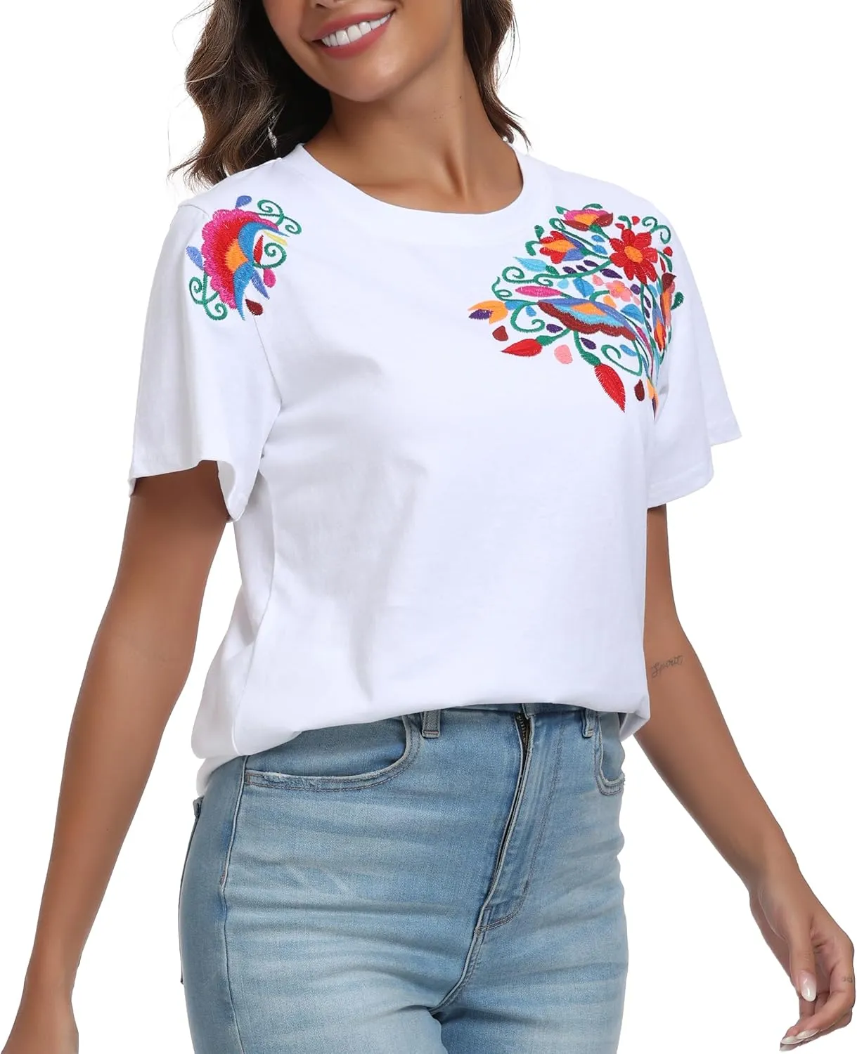Women's Mexican Shirts Embroidered Tops Floral Tunic Summer T Shirt Short Sleeve Top Cotton Peasant Blouse
