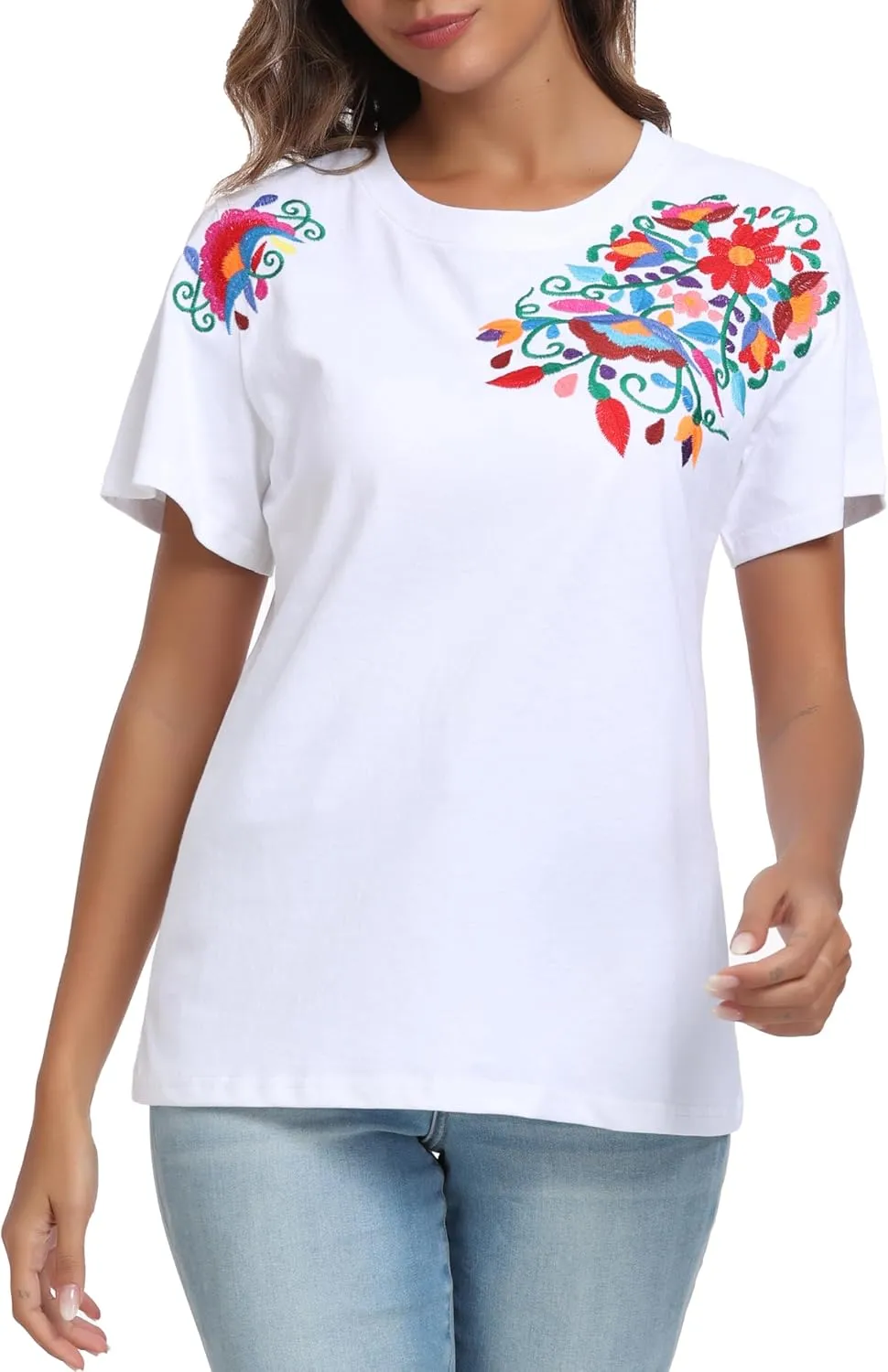 Women's Mexican Shirts Embroidered Tops Floral Tunic Summer T Shirt Short Sleeve Top Cotton Peasant Blouse