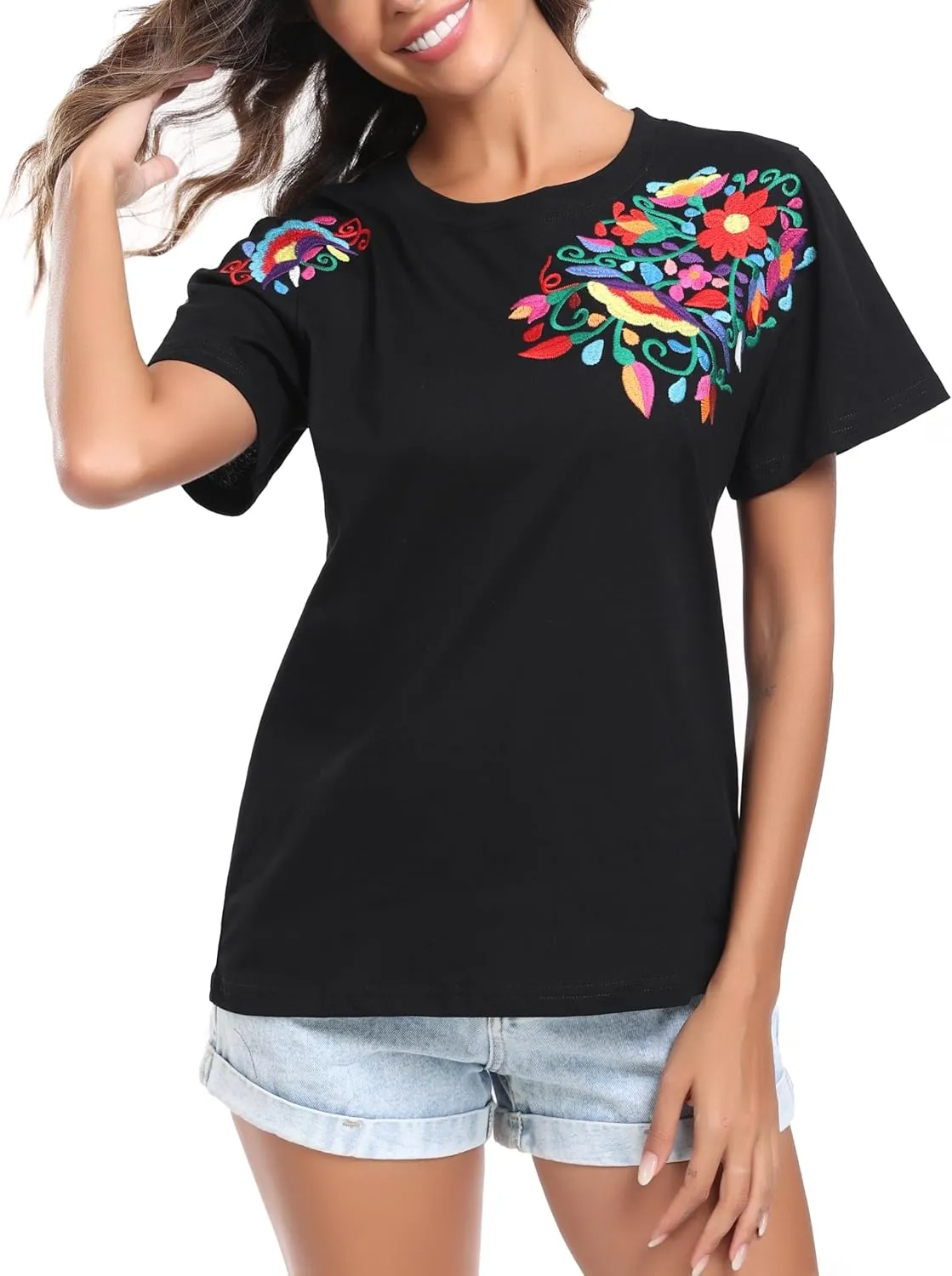 Women's Mexican Shirts Embroidered Tops Floral Tunic Summer T Shirt Short Sleeve Top Cotton Peasant Blouse
