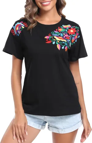 Women's Mexican Shirts Embroidered Tops Floral Tunic Summer T Shirt Short Sleeve Top Cotton Peasant Blouse