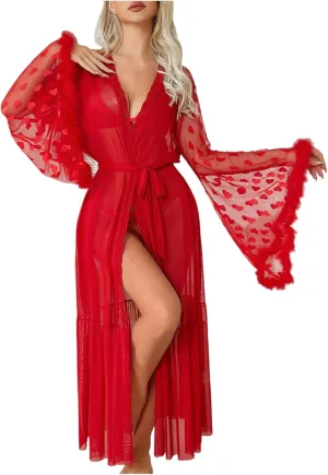 Womens Nightgowns Sexy Lace Sheer Heart Printed Mesh Plush Sleeve Belt Long Robes Valentine Honeymoon Loungewear