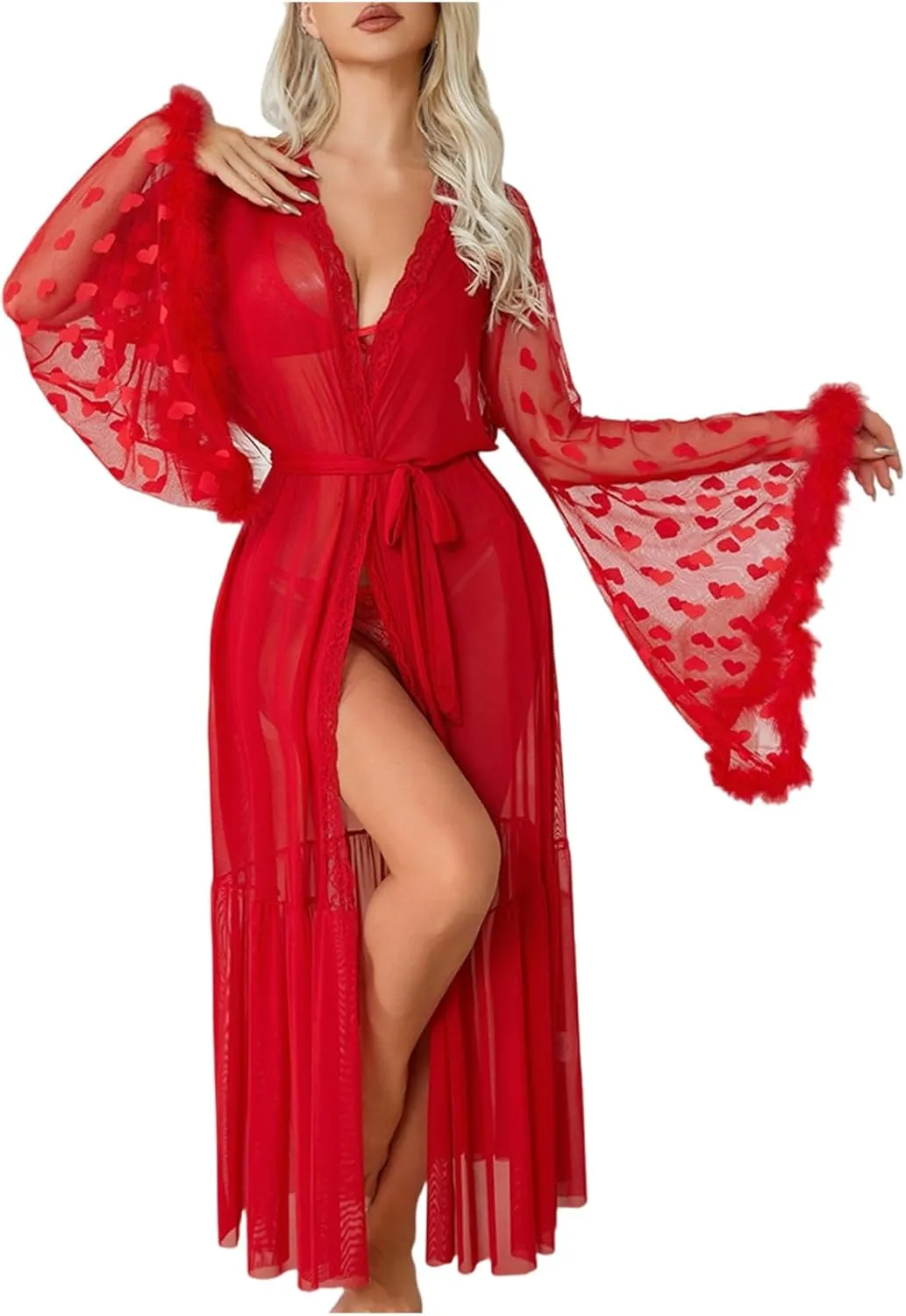 Womens Nightgowns Sexy Lace Sheer Heart Printed Mesh Plush Sleeve Belt Long Robes Valentine Honeymoon Loungewear