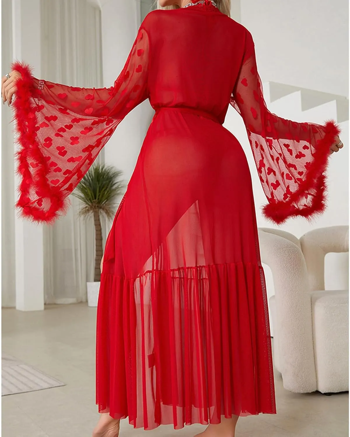 Womens Nightgowns Sexy Lace Sheer Heart Printed Mesh Plush Sleeve Belt Long Robes Valentine Honeymoon Loungewear
