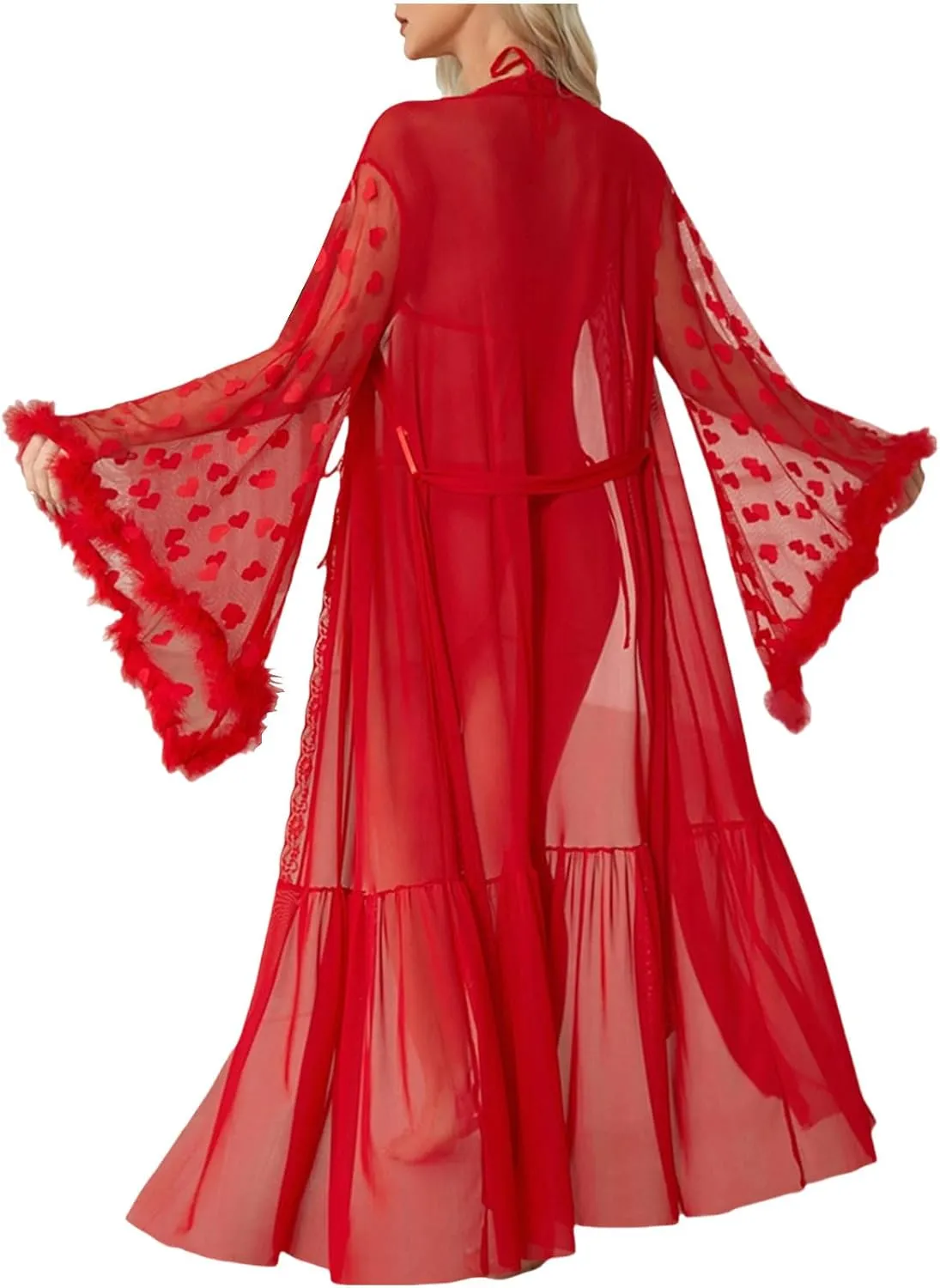 Womens Nightgowns Sexy Lace Sheer Heart Printed Mesh Plush Sleeve Belt Long Robes Valentine Honeymoon Loungewear