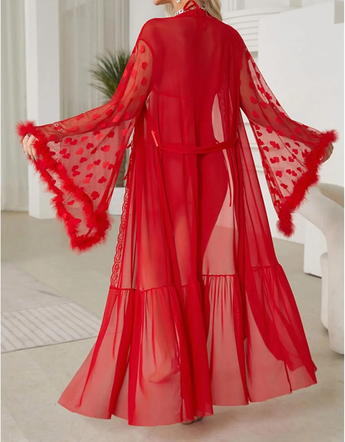 Womens Nightgowns Sexy Lace Sheer Heart Printed Mesh Plush Sleeve Belt Long Robes Valentine Honeymoon Loungewear