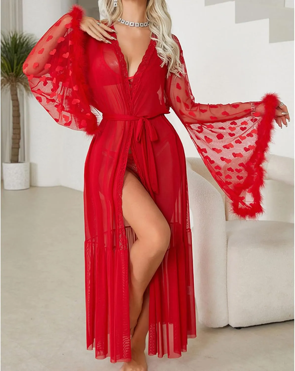 Womens Nightgowns Sexy Lace Sheer Heart Printed Mesh Plush Sleeve Belt Long Robes Valentine Honeymoon Loungewear