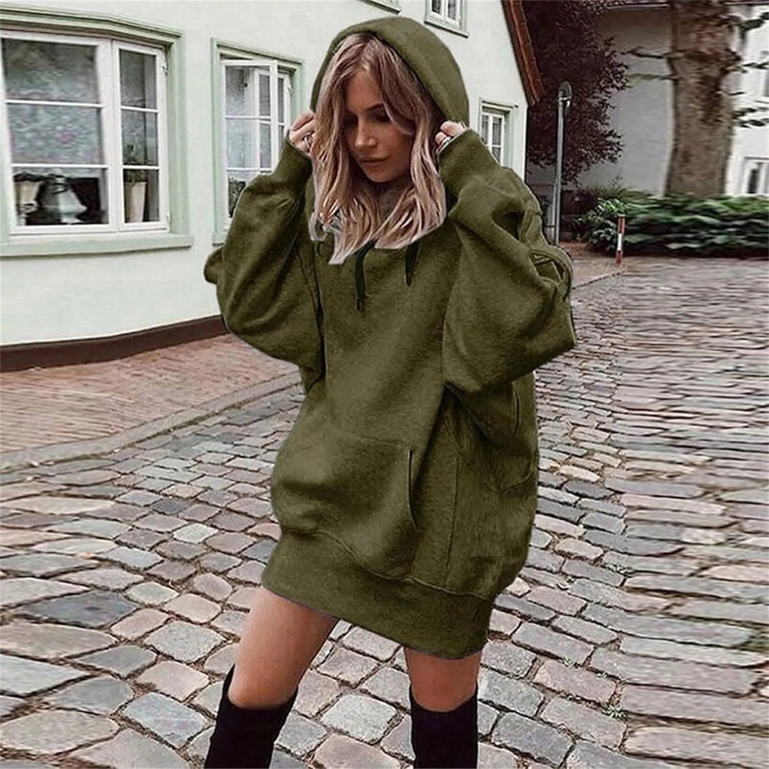 Womens Oversized Hoodies Dress 2024 Fall Casual Loose Long Sleeve Sweatshirt Trendy Hooded Pullover Tops Y2K Clothes